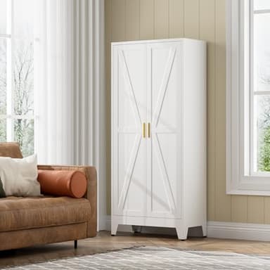 COFaR White Farmhouse Storage Kitchen Pantry Cabinet with 2 Barn Door, 3 Adjustable Shelves and Legs, for Cupboard/Dining Room/Bathroom/Living Room/Office/Laundry Room (White, 61" Farmhouse) - Image 3