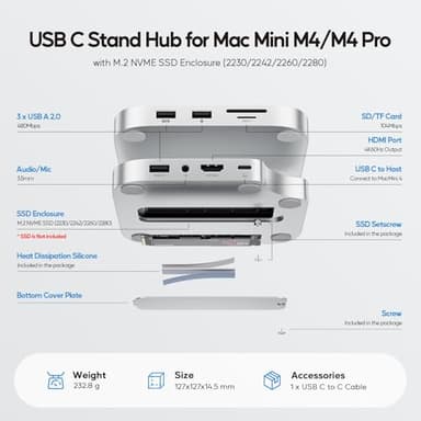 PULWTOP Mac mini M4 Dock with 4TB M.2 SSD Enclosure (SSD NOT Included), Mac mini M4/ M4 Pro Hub Stand with HDMI 4K@60Hz, 2024 MacMini USB C Hub Accessories, 3 USB A 2.0, SD/TF, 3.5mm Audio - Image 4