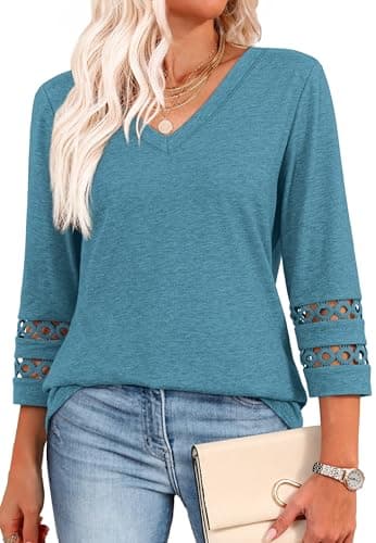 Business Casual Tops for Women 3/4 Length Sleeve Plus Size Tops for Women Summer V Neck Work Shirts Turquoise L - Image 1