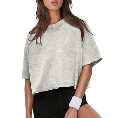 XIEERDUO Oversized Tshirts for Women Summer Short Sleeve Cotton Workout Tops Loose Fit Grey L - Image 2