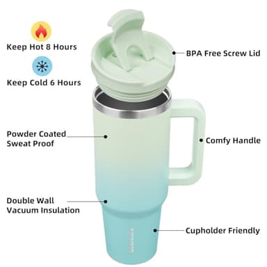 BJPKPK 40 oz Insulated Tumbler With Lid And Straw Stainless Steel Tumblers Cup With Handle For Women And Men,Mint - Image 2