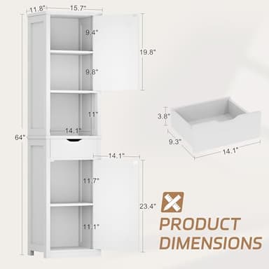 Shintenchi Tall Bathroom Storage Cabinet, Slim Corner Floor Cabinet with Doors and Drawer, Freestanding Narrow Bathroom Organizer with Adjustable Shelves for Small Space, White - Image 3