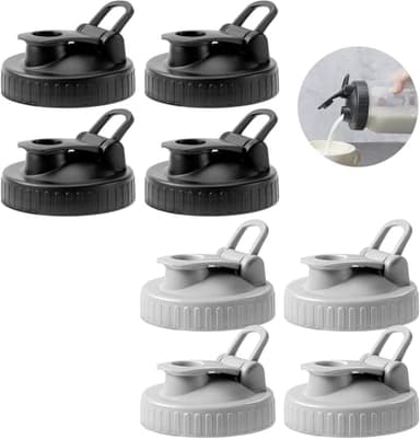 FyndraX Pour Spout Lids for Ball Regular Mouth Mason Jars, Airtight Canning Jar Flip Cap Top Lid for Drinking, Salad, Dressing Pouring, Leak-Proof, Black&Grey Pack of 8 - Image 1