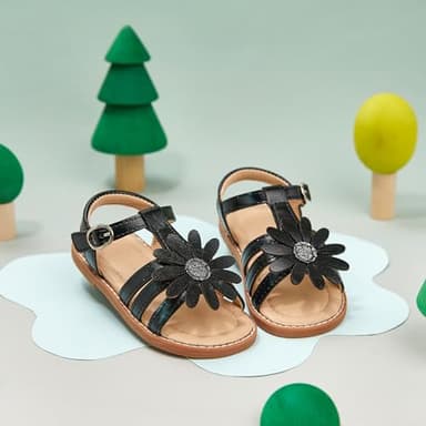 Flaryzone Toddler/Little Girls' Daisy Flower Wedding Dress Summer Flat Sandals (Black, Little Kid-Size 12) - Image 3