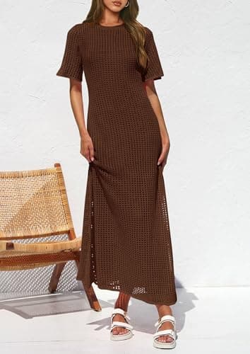 PRETTYGARDEN Womens Eyelet Cover Up Dress 2025 Summer Vacation Resort Maxi Dresses Beach Short Sleeve Hollow Out Sundress (Brown,Medium) - Image 5