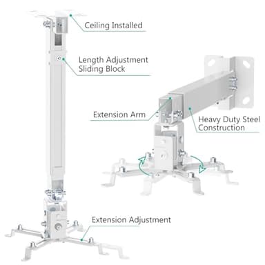 WALI Projector Mount Ceiling/Wall - Universal 3-in-1 Bracket with Extension Pole, Height Adjustable Holder for LCD/DLP Projectors, Supports up to 44lbs, White (PM-003-W) - Image 4
