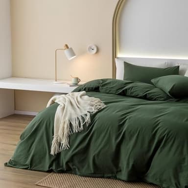 JIYUAN 100% Washed Cotton Duvet Cover Set 3 Pieces Oversized Queen, 1 Duvet Cover 98x98 Inches(Comforter Not Included) and 2 Pillowcases,Linen Feel Bedding Set Comfy and Breathable,Forest Green - Image 5
