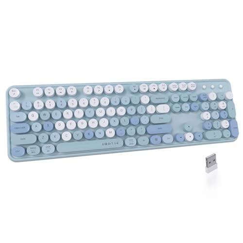 UBOTIE Dual Mode Colorful Wireless Keyboard, Bluetooth and USB Receiver Retro Typewriter Round Keycaps Keyboard Support Multi Devices for PC Laptop Tablet Phones(Blue Colorful) - Image 1