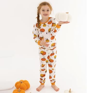 Owlivia 100% Organic Cotton Baby Long Sleeve Pajama Sets, Toddler Boy Girl 2-Piece Sleepwear (5-6 Years, Orange Bat Pumpkin) - Image 2