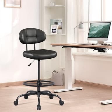 Misolant Drafting Chair Without Arms, Tall Office Chair with Footrest Ring for Standing Desk, Small Faux Leather Executive Office Chair with Adjustable Height for Bar Lab Counter Height Desk, Black - Image 2