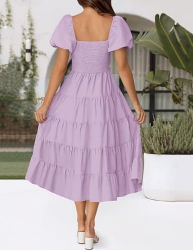 ZESICA Women's 2025 Summer Square Neck Short Puff Sleeve Solid Color High Waist Casual Smocked Flowy A Line Tiered Midi Dress,Lightpurple,Medium - Image 4