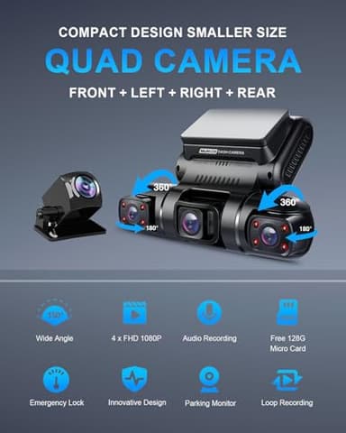 PRUVEEO 360 Degree View 4 Channel Dash Cam Front and Rear Inside Left Right, Dash Camera for Cars, Built-in GPS WiFi Night Vision, 24/7 Recording Parking Mode Monitor, Free 128G Card - Image 2