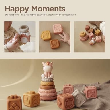 Nueplay 13 Pcs Building Circle & Blocks, Stacking & Nesting Baby Toys with Horse Figure, Newborn Essentials Squeeze Teething Toy Gifts for 6 12 18 Months Baby Toddler Girls - Image 3