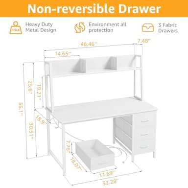White Computer Desk with Hutch & Drawers - Office Desk with 3 Storage Drawers and Power Outlets, 47 Inch Modern Study Writing Desk for Bedroom Home Office - Image 3