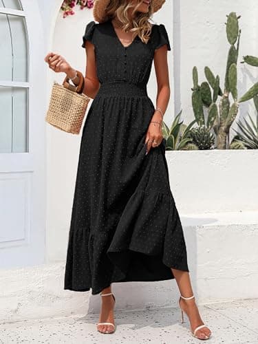 PRETTYGARDEN Womens 2025 Spring Swiss Dot Maxi Dress Short Sleeve V Neck Smocked Waist Ruffle Tiered Flowy Long Party Dresses(Black, XX-Large) - Image 2