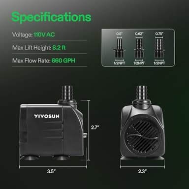 VIVOSUN 660GPH Submersible Water Pump, 2500L/H 35W aquarium pump, Ultra Quiet Fountain Pump with 8.2ft/2.5m High Lift for Fish Tank, Pond, Aquarium, Statuary, Hydroponics - Image 2
