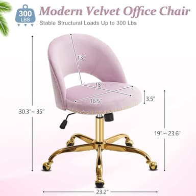 VINGLI Modern Velvet Small Office Chair,Cute Desk Chair With Wheels,Gold Base/Studs,Comfy Armless Swivel Vanity Task Chair For Women/Girl/Kids,Nail Tech Chair For Office,Small Space,Mauve Light Purple - Image 2