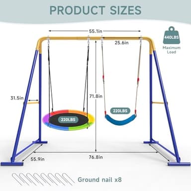 Swing Sets for Backyard, Toddler Swing Set with 2 Seat 1 Saucer & 1 Belt Seat, 440lbs Heavy-Duty Swing Frame w/8 Ground Stakes, A Frame Outdoor Swingset for Kids and Adults for Backyard - Image 2