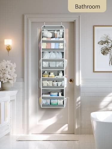 Yecaye 5 Tier 1Pc Over the Door Organizer, Swing-proof Door Organizer Hanging with Clear PVC Windows, Behind the Door Storage for Bedroom Nursery Closet Laundry Pantry Bathroom, Grey - Image 5