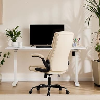 Sweetcrispy Ergonomic Office Chair Heavy Duty Task Desk Chair with Flip-up Arms, PU Leather, Adjustable Swivel Rolling Chair with Wheels, Beige - Image 7