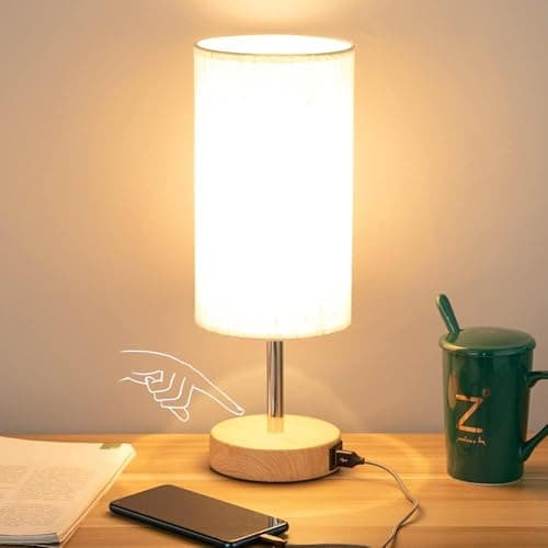 Yarra-Decor Bedside Table Lamp with USB Port - Touch Control for Bedroom Wood 3 Way Dimmable Nightstand Lamp with Round Flaxen Fabric Shade for Living Room, Dorm, Home Office (LED Bulb Included) - Image 1