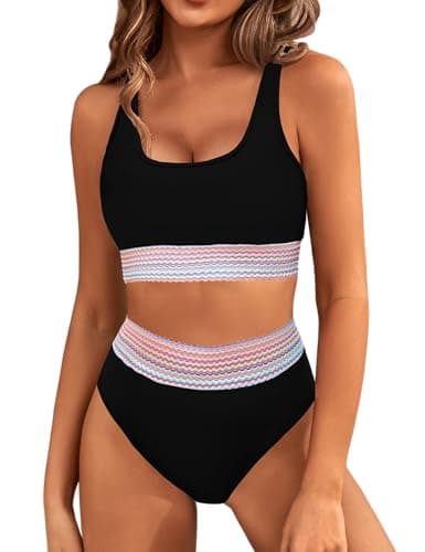 BMJL Womens Tummy Control Swimsuit High Waisted Two Piece Bikini Sets Athletic Color Block High Cut Swimwear(XL,Black-New) - Image 1