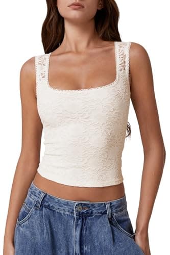 QINSEN Summer Sleeveless Lace Top for Women Tight Square Neck Soft Stretch Tank Top Off-White S - Image 1
