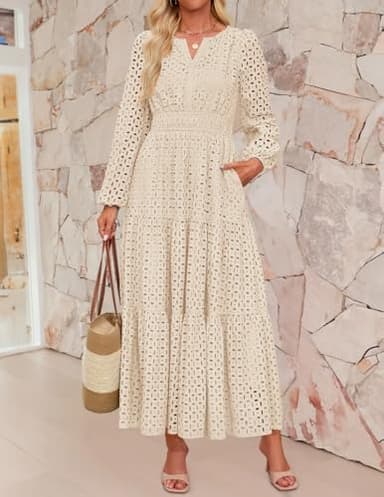 ZESICA Women's 2025 Fall Long Sleeve Maxi Dress V Neck Hollow Out Eyelet A Line Long Flowy Casual Party Dresses Apricot Medium - Image 7