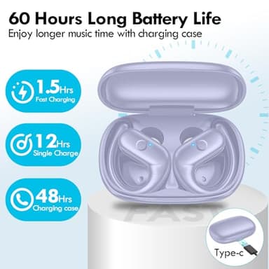 kurdene Wireless Earbuds Bluetooth Headphones Sport,Over Ear Buds with Deep Bass Sound,60Hrs Playtime Earphones Redesigned Comfort Fit with Earhooks for Running,Meeting,Workout-Purple - Image 8