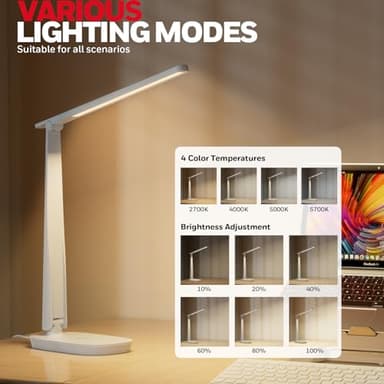 HONEYWELL LED Desk Lamp - HWT-H2 Sunturalux™ Eye-Caring Foldable Desk Light with USB A+C Dual Charging Port 4 Color Modes Dimmable Table Lamp for Home Office Bedroom Reading Study Work - White - Image 2