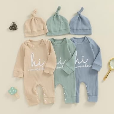 aporake Baby Boy Girl Clothes Hi I'm New Here Newborn Outfit One Piece Romper Bodysuit Jumpsuit+hat Newborn Hospital Outfit (Beige, 6-12 Months) - Image 8