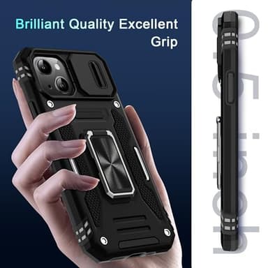 DEERLAMN Case for iPhone 15 with Slide Camera Cover + Screen Protector (2 Packs), Rotated Ring Kickstand Military Grade Shockproof Protective Cover-Black - Image 7