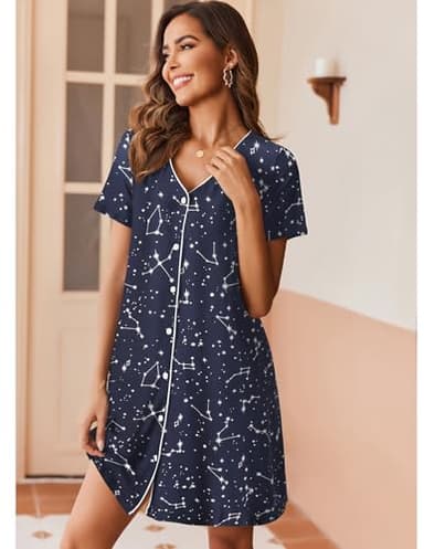 Ekouaer Nightgowns for Women 2 Pack Button Down Sleepshirt Short Sleeve Nightshirt Soft Sleepwear V Neck Pajama Dress Grey Floral/Blue Star XXXL - Image 3