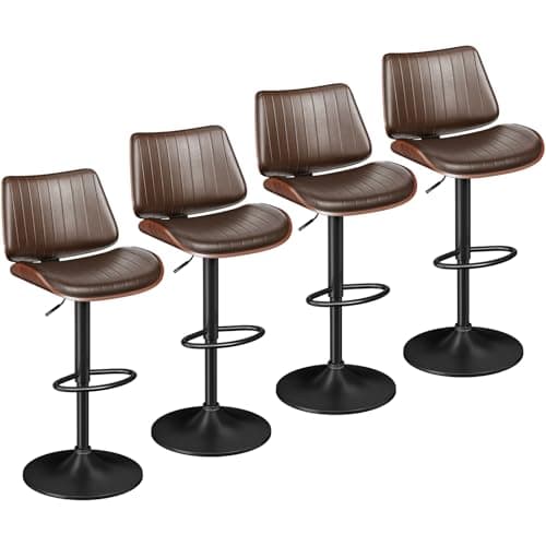 YaFiti Bar Stools Set of 4, Bar Stools for Kitchen Island with Bentwood Back and Leather Seat, Swivel Barstools for Kitchen Counter, Bar, Brown - Image 1
