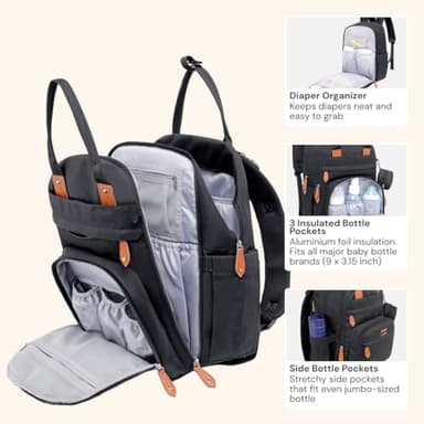BabbleRoo Diaper Bag Backpack - Baby Essentials Travel Tote - Multi Function Water Resistant Diaper Bag, Travel Essentials Baby Bag with Changing Pad, Stroller Straps & Pacifier Case - Unisex, Black - Image 4