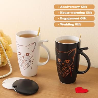 DELARLOCHEF Tea Mug With Infuser And Lid - 20oz Microwave & Dishwasher Safe Ceramic Mug, Cat Lover Gift with Leak-Proof Lid, 304 Stainless Steel Strainer & Spoon, Graduation Gifts, Golden Black Cat - Image 5