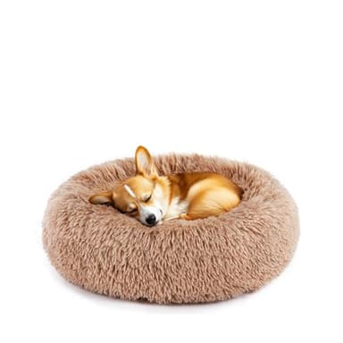 DUMOS Calming Donut Cat & Dog Bed for Small Dogs, Machine Washable Cuddle Warming Cozy Fluffy Faux Fur Plush Round Dog Bed, Anti-Anxiety Waterproof Anti-Slip Pet Bed, Brown, 20×20×8 Inches - Image 1