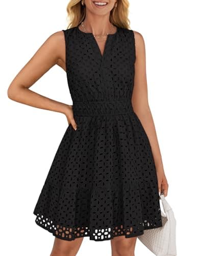 ZESICA Women's Summer Sleeveless Mini Dress V Neck Hollow Out Eyelet High Waist A Line Swing Short Party Dresses,Black,Medium - Image 1