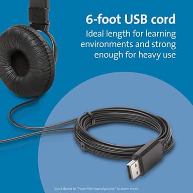 Kensington USB-A Hi-Fi Headphones, On-Ear Headset, 6ft Cord, for Kids, for Adults, for School, Padded Adjustable Headband (K97600WW), Black - Image 4