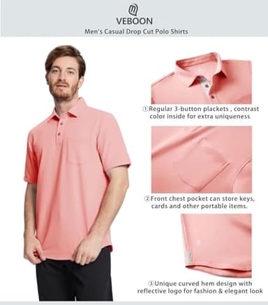 Mens Short Sleeve Polo Shirt Casual Cotton Polo Shirts Drop Cut Mens Regular Fit Polo with Pocket Coral Pink - Image 4