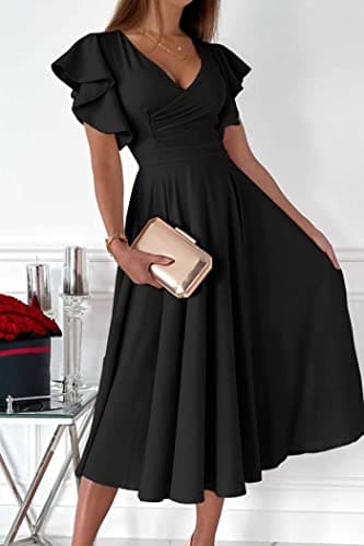 PRETTYGARDEN Summer Midi Dress 2025 Spring Ruffle Sleeve V Neck Cocktail Wedding Guest A Line Fit and Flared Dresses (Black,Small) - Image 2