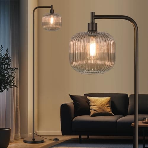 QiMH Glass Floor Lamp for Living Room, Modern Standing Lamp with Ribbed Grey Glass Lampshade Pedal Switch, 67” Tall Lamp for Bedroom Study Room, Black (2700K LED Bulb Included) - Image 1