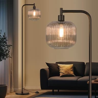 QiMH Glass Floor Lamp for Living Room, Modern Standing Lamp with Ribbed Grey Glass Lampshade Pedal Switch, 67” Tall Lamp for Bedroom Study Room, Black (2700K LED Bulb Included) - Image 1
