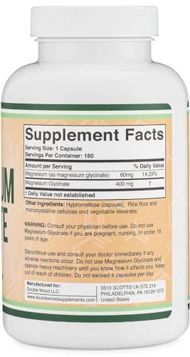 Magnesium Glycinate 400mg, for Sleep, Muscle, & Heart Support - (Vegan, Third Party Tested, Gluten Free, Non-GMO), 180 Capsules by Double Wood Supplements - Image 6
