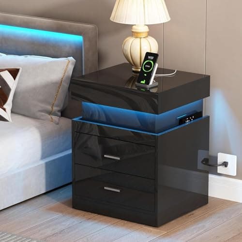 ChooChoo LED Nightstand Set of 2,Smart Night Standwith Charging Station and Sliding Top Storage, Black - Image 1