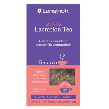 Lansinoh + HotTea Mama Milk's Up, Breastfeeding and Lactation Support Tea, Fenugreek, Fennel, Anise Seed, Caffeine-free, Sugar-Free, Postpartum Essentials for New Moms, Includes 14 Tea Sachets - Image 1