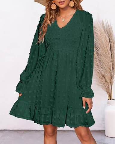 BTFBM Long Sleeve Fall Dresses for Women 2025 Casual V Neck Swiss Dot Smocked Ruffle Chiffon Summer Flowy Mini Dress(Dark Green, Medium) - Image 3