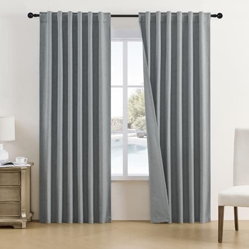 DUALIFE 90 Inches Long Blackout Linen Curtains Grey,Full Shade Light Blocking Sun Heat Saving Energy Efficient Drapes for Bedroom,Back Tab/Hook Belt/Rod Pocket,2 Pcs,50 Inch Wide x 90 Inch Length - Image 1