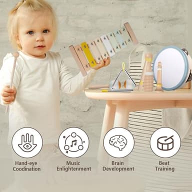 Baby Musical Instruments-Montessori Wooden Toys for Toddlers 1-3,Neutral Colors Percussion Instruments Set with Modern Boho Xylophone for Kids Preschool Educational 3+ - Image 3