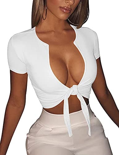 BORIFLORS Women's Sexy Tie Up Crop Top Short Sleeve Deep V Neck Casual Basic T Shirt,Medium,White - Image 1